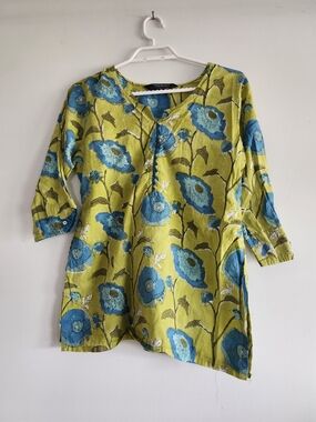 Vibrant Blue Floral Tunic | Lime Green Base | Relaxed Fit | 3/4 Sleeve